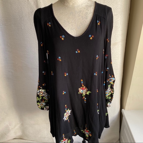 Free People M Long Sleeve Embroidered Dress Black - Picture 8 of 8